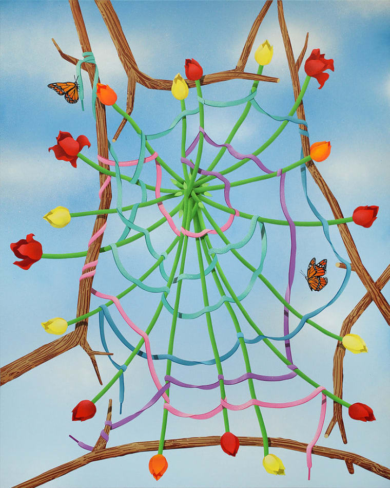 painting of a spider web made of flowers