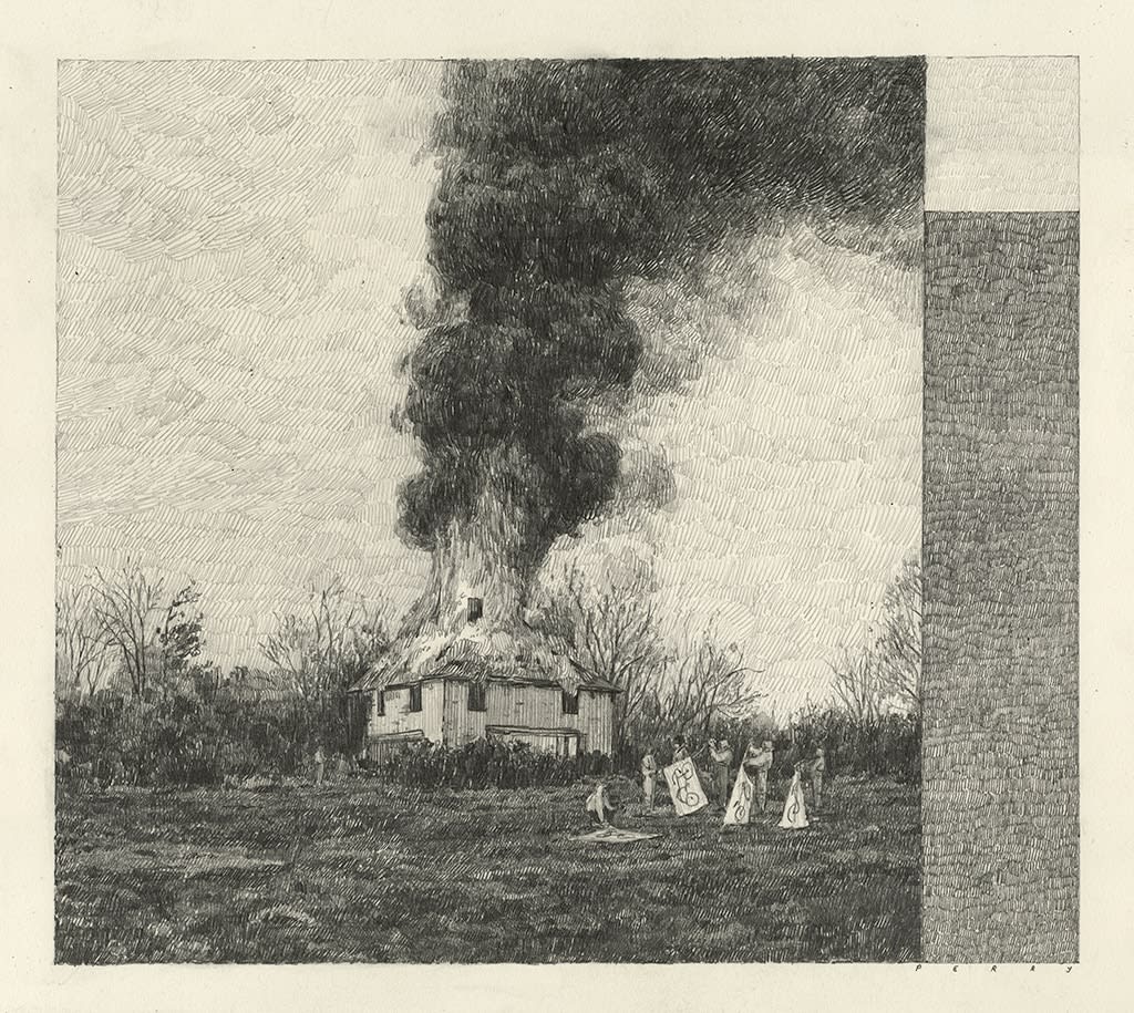 Pat Perry b&w drawing of house on fire