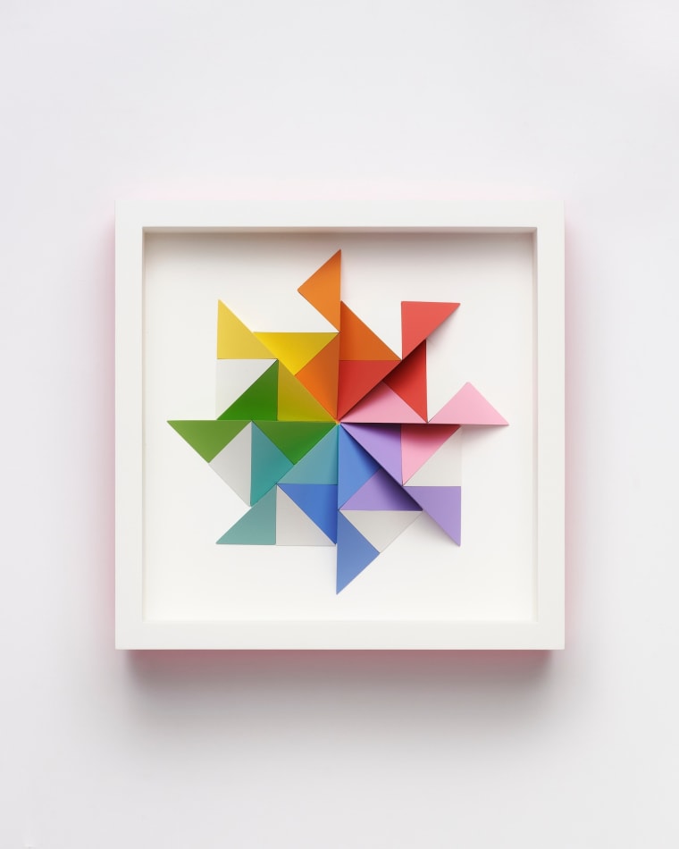 wooden geometric wall sculpture by Sean newport - rainbow