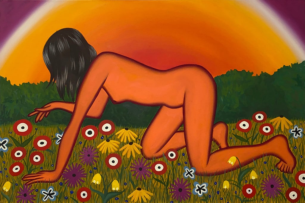 Melody Tuttle painting of nude woman in flower field with sunset
