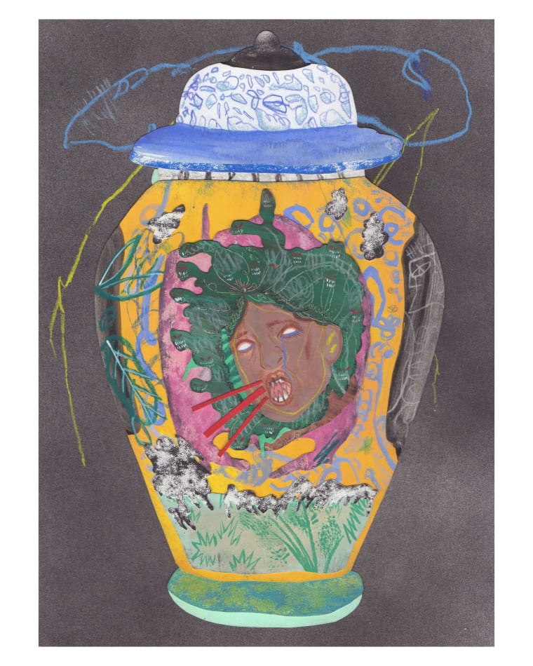 David Heo painting of a vase with medusa on the front