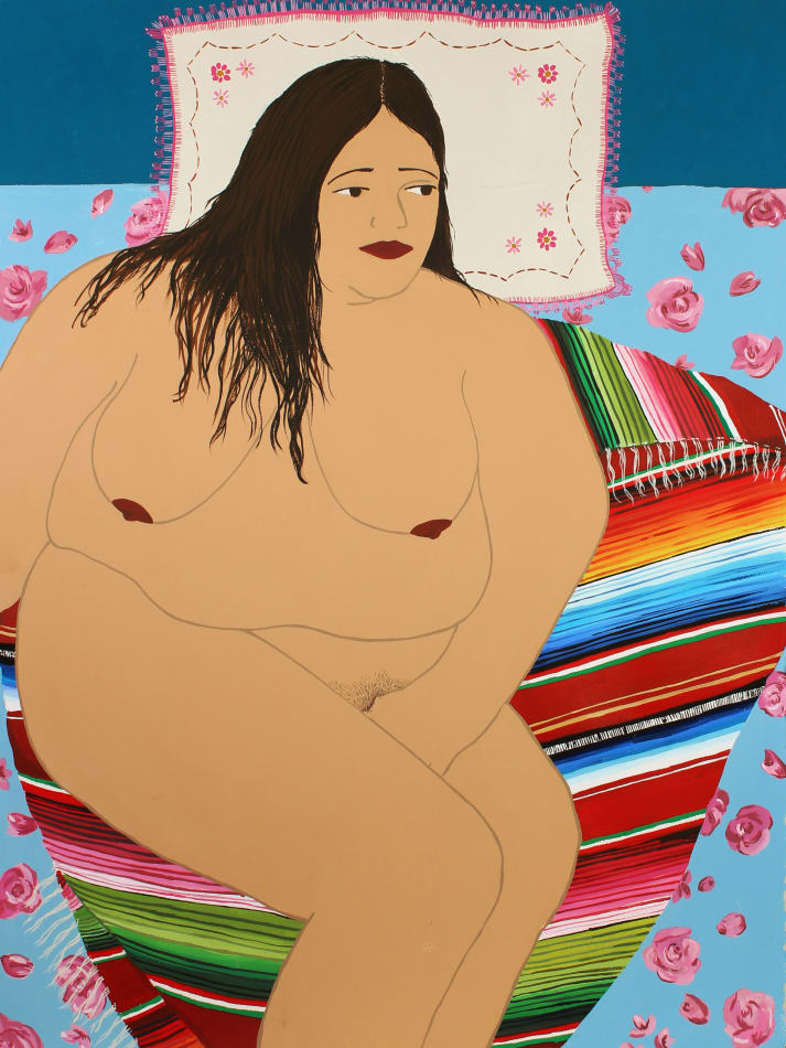 Painting of naked woman resting on a blanket and pillow.