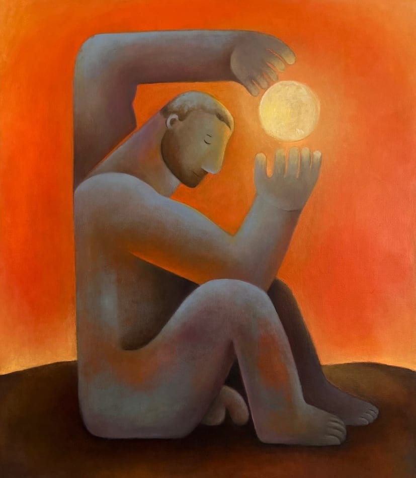 Carlos Rodriguez - painting of a nude man holding sun. The background is painted in bright orange.