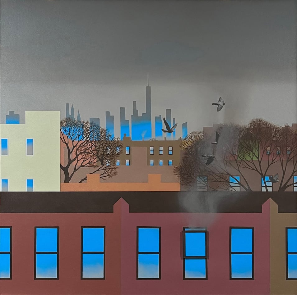 painting showing the top of a series of buildings with smoke coming from the window of the first building