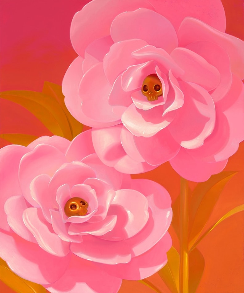 two pink flowers with skulls at the center