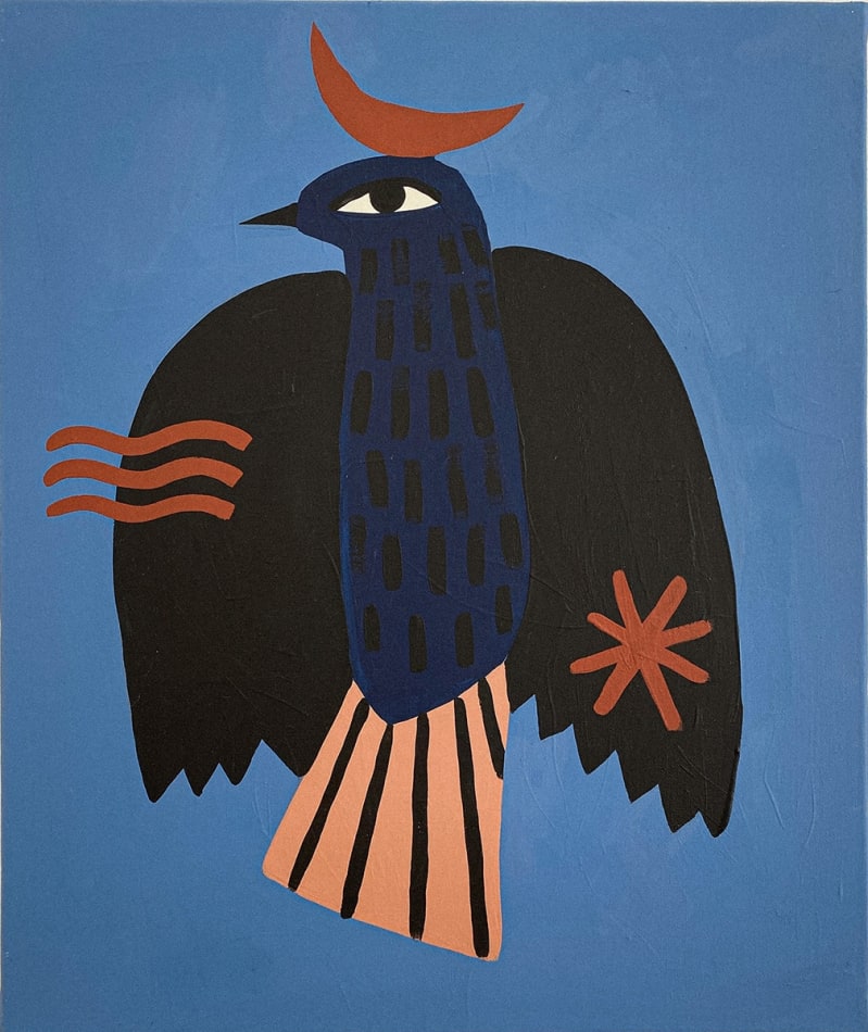 painting of a bird with a red crescent atop its head over a dark blue background