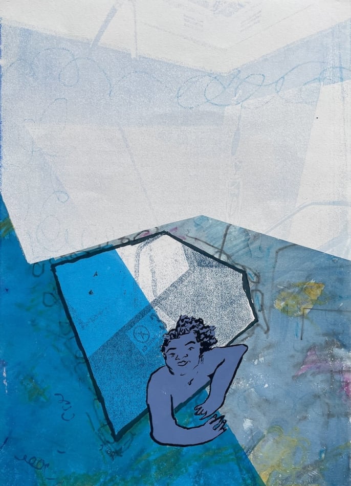 Leonard Reidelbach - monoprint of a figure in spa pool in an interior space.