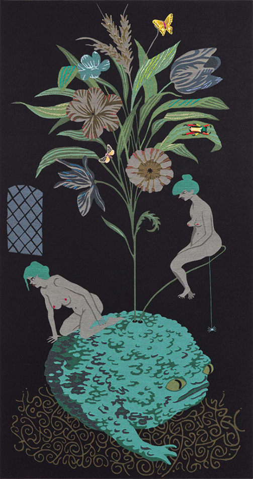 Oona Brangam-Snell hand-woven embroidery of large frog, flowers and fairy like women
