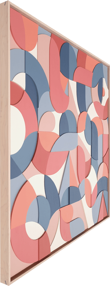 pink, blue, and white wooden relief piece featuring many smaller pieces in a light wood frame side angle