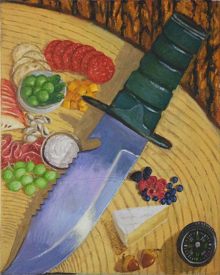 Paul Gagner painting of charcuterie arranged on a tree stump and a large knife