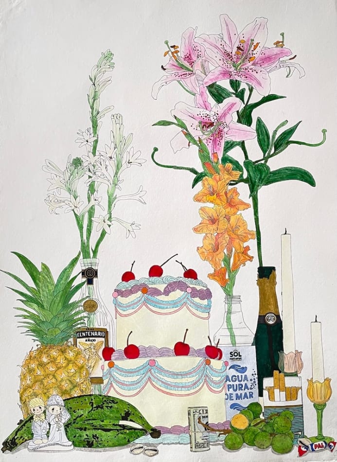 painting of an altar filled with various foods, flowers, and candles by artist Camila Buxeda