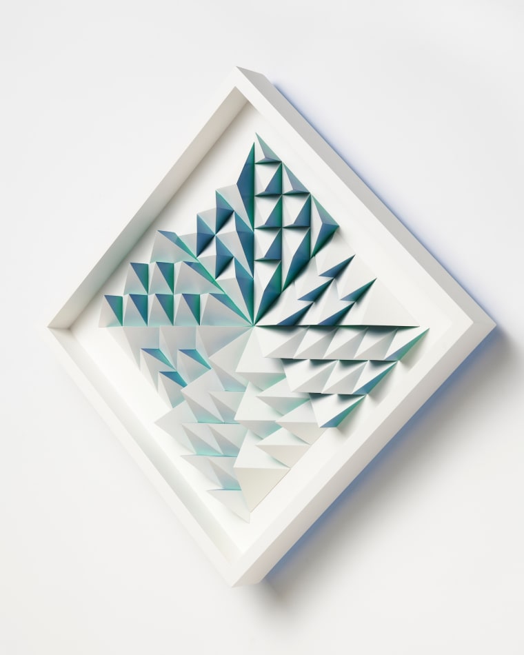 wooden geometric wall sculpture by Sean newport - blue