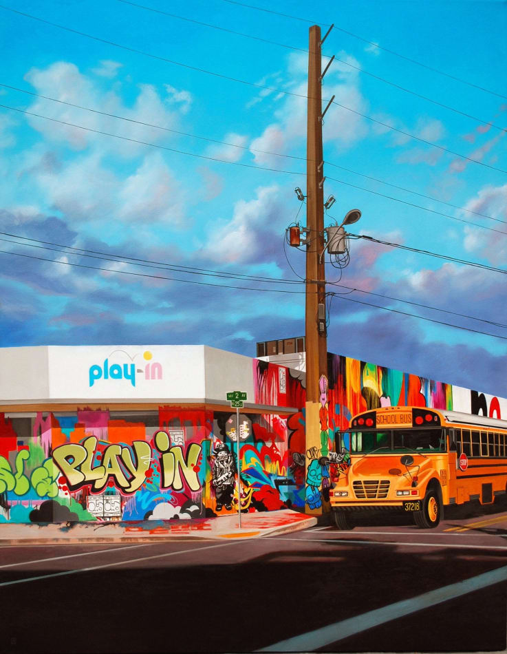 Jessica Hess painting of street view of Play-In with school bus in front