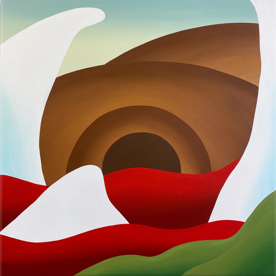 Bianca Nemelc painting of abstracted female figure with glaciers and red and green landscapes