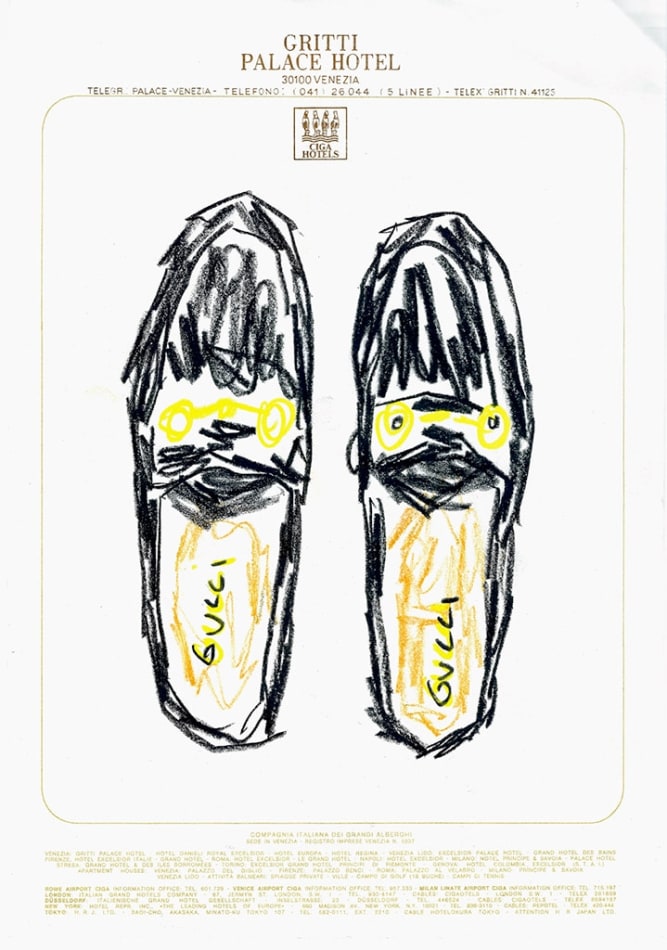 Drawing of black Gucci loafers on white hotel stationery