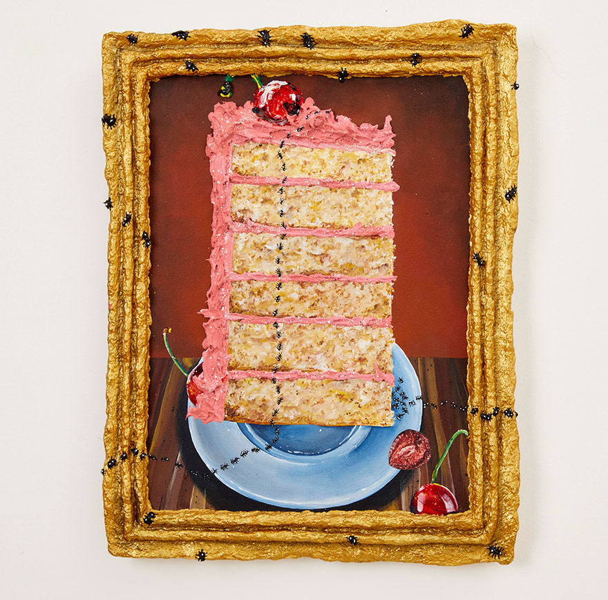 N Dyer painting of a tall slice of pink cake in a gold frame, ants crawl from the cack to the outside of the frame
