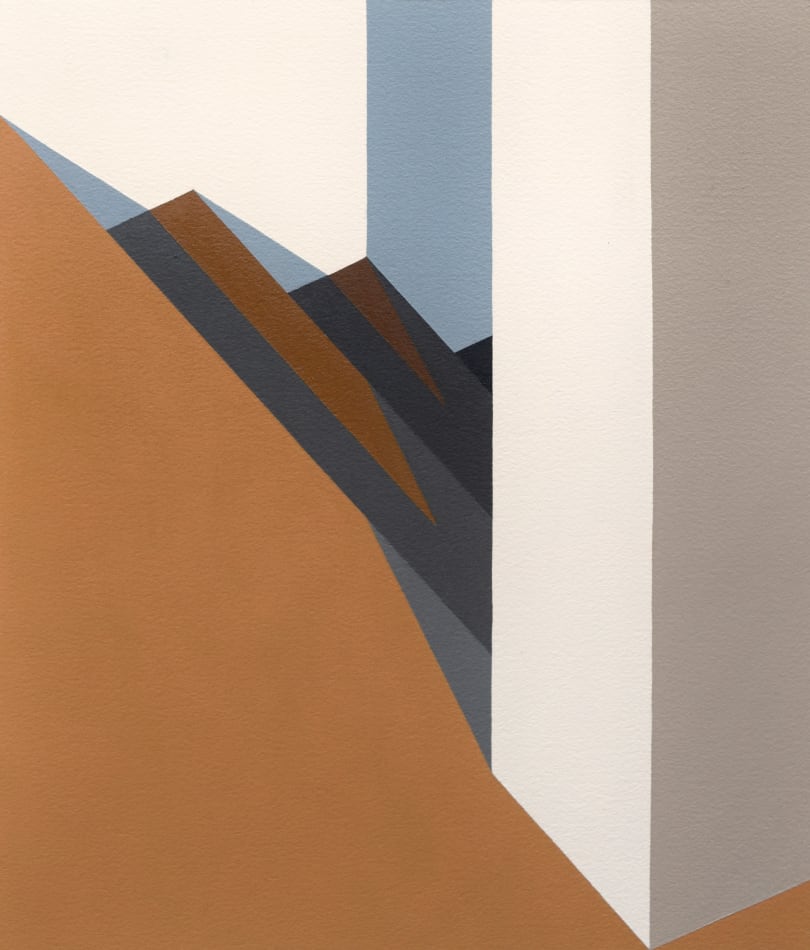 Adrian Wong painting of brown staircase with white walls