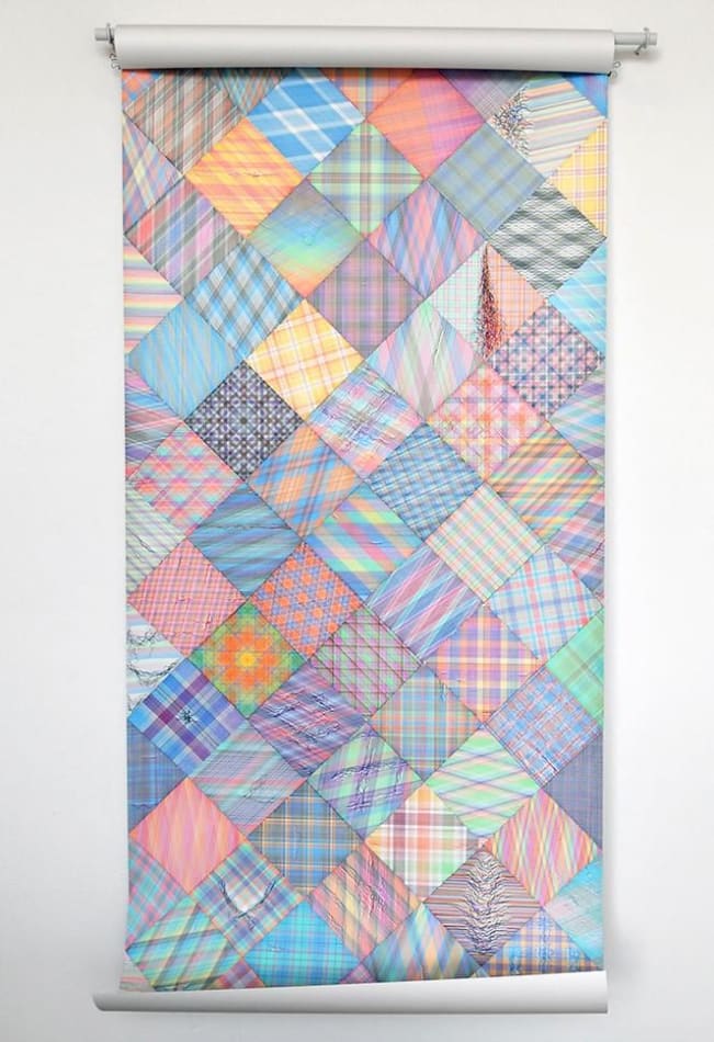 Steven Vasquez Lopez ink drawing in pastel quilted pattern