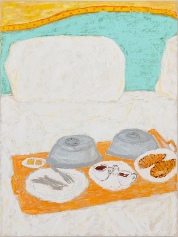painting of hotel room service tray with breakfast food on top of a bed