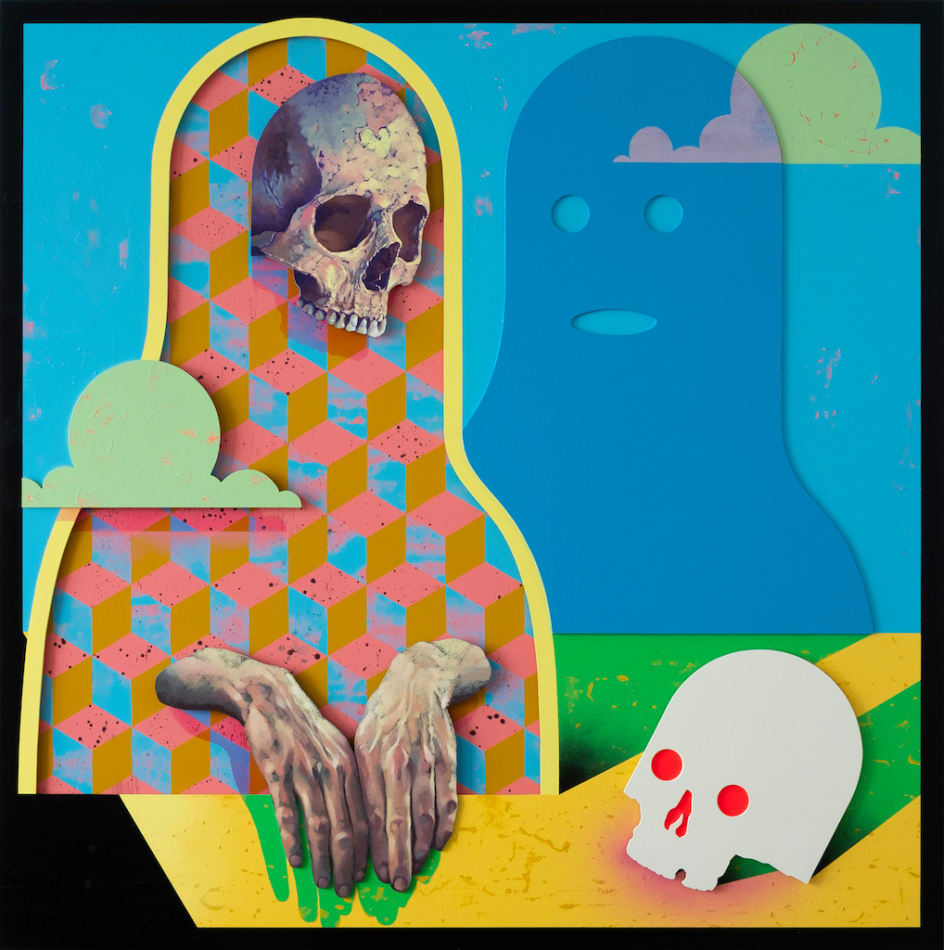 Painting of an animated skull gazing toward another skull by Michael Reeder