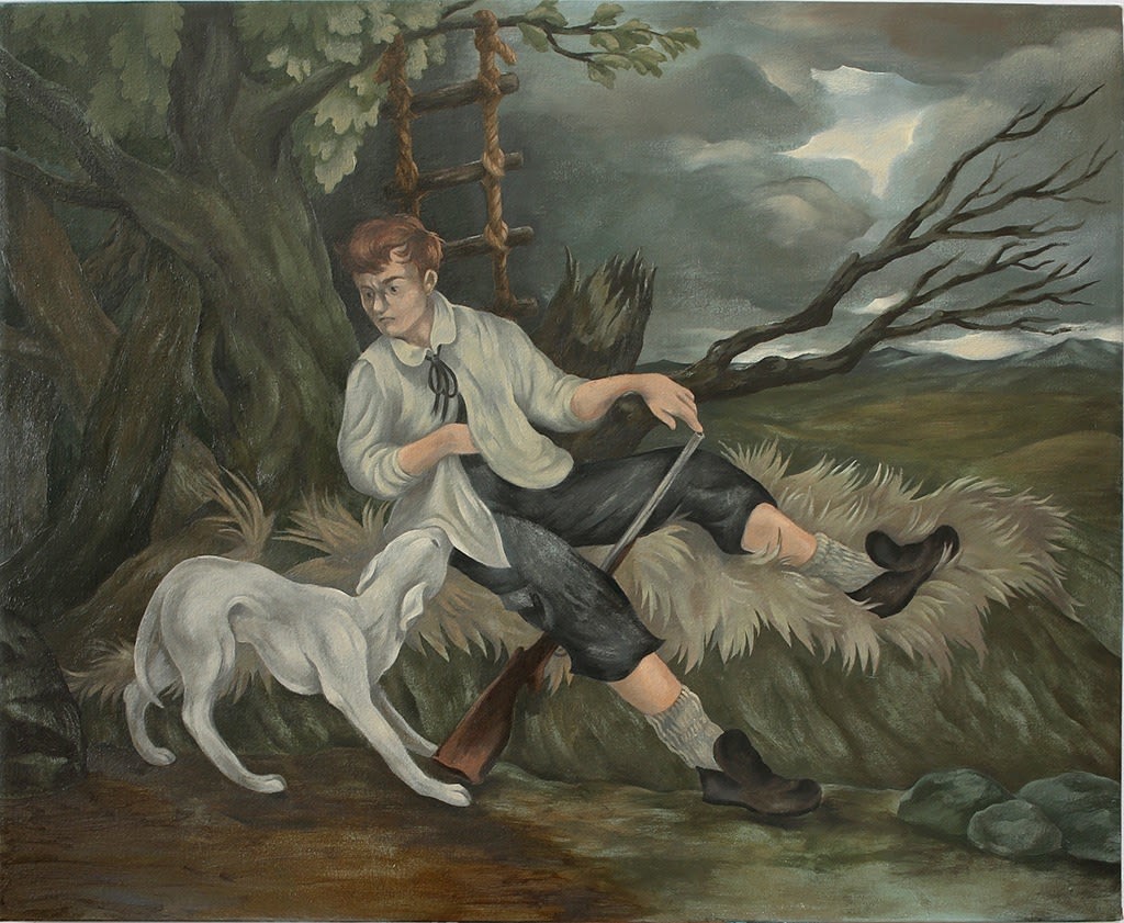 Painting of a boy swinging from a tree holding a riffle, a white dog is pulling on his shirt with his teeth, there is a storm in the background