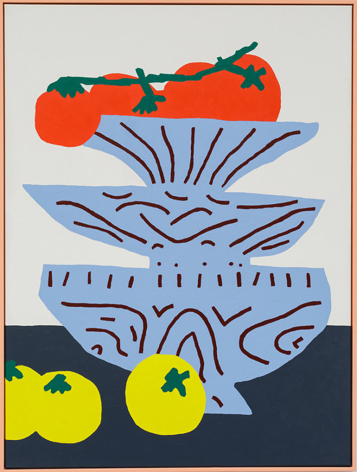 Painting of four tomatoes on the vine on a plate stacked on top of two other plates. In front of the plates are three yellow fruits