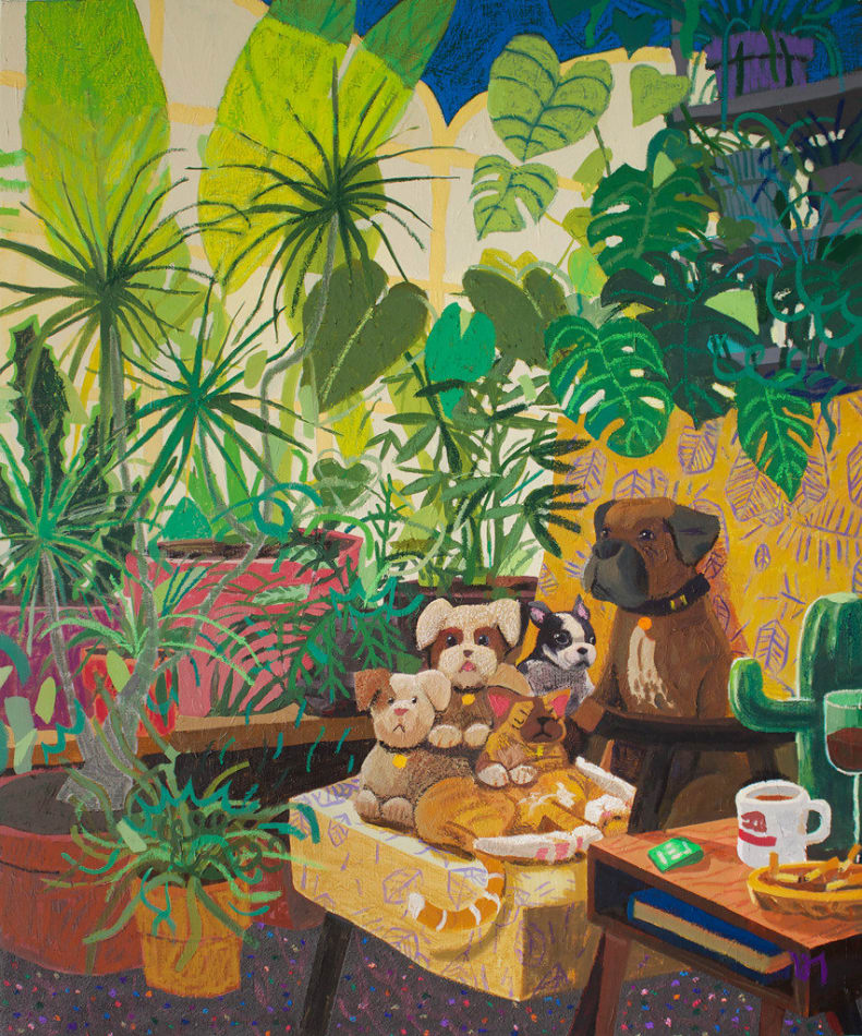 Nicholas Bono Kennedy - painting of 4 dogs and 1 cats sitting together and surrounded by plants, a coffee table place in front of them