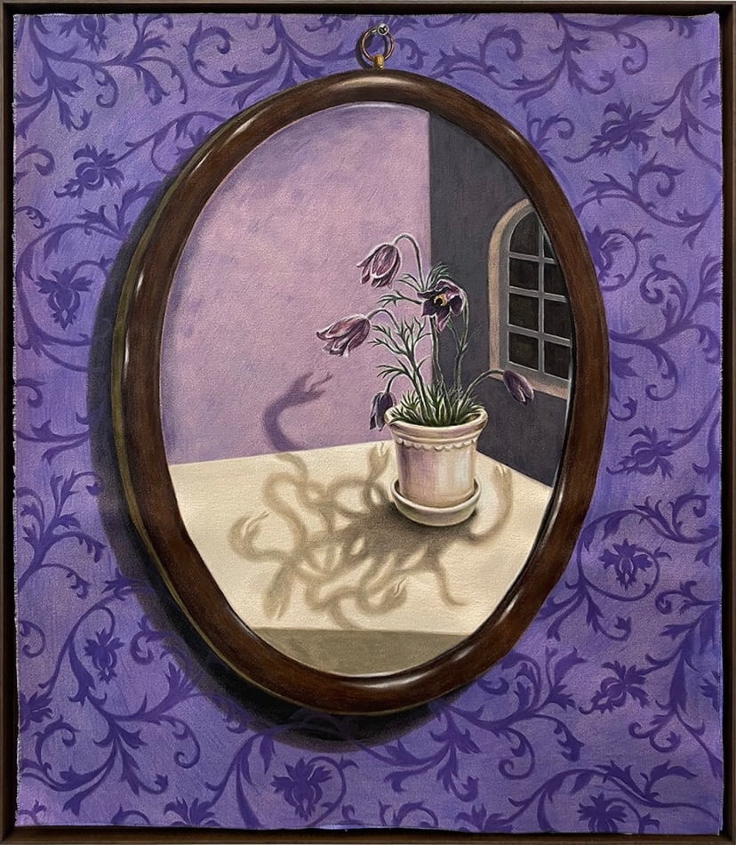 framed Minyoung Kim painting of oval mirror on purple floral wallpaper. Mirror is showing image of potted flowers, whose shadows are menacing and snake-like