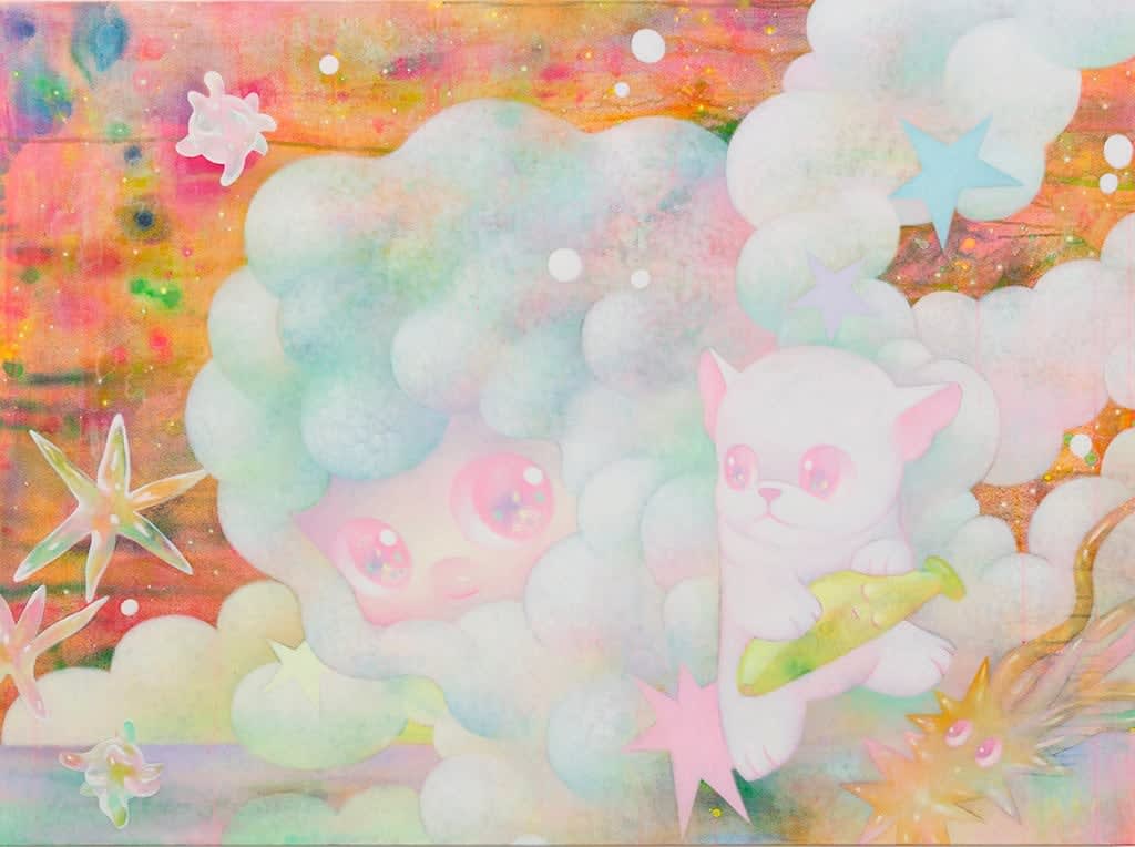 A painting of a cartoon character with pink skin and iridescent hair with a pink dog floating in the ocean