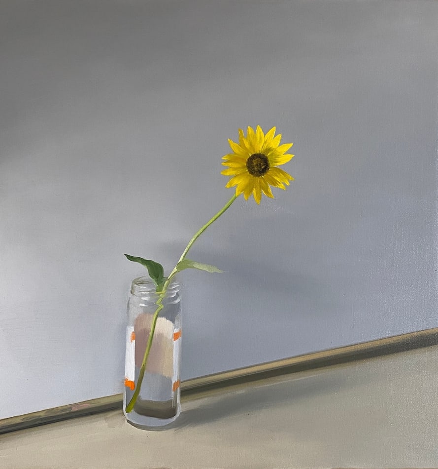 painting of a yellow sunflower in a glass jar over a grey background