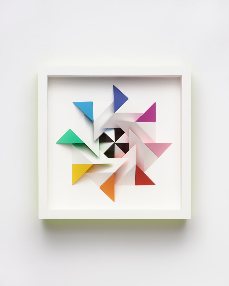 wooden geometric wall sculpture by Sean newport - rainbow