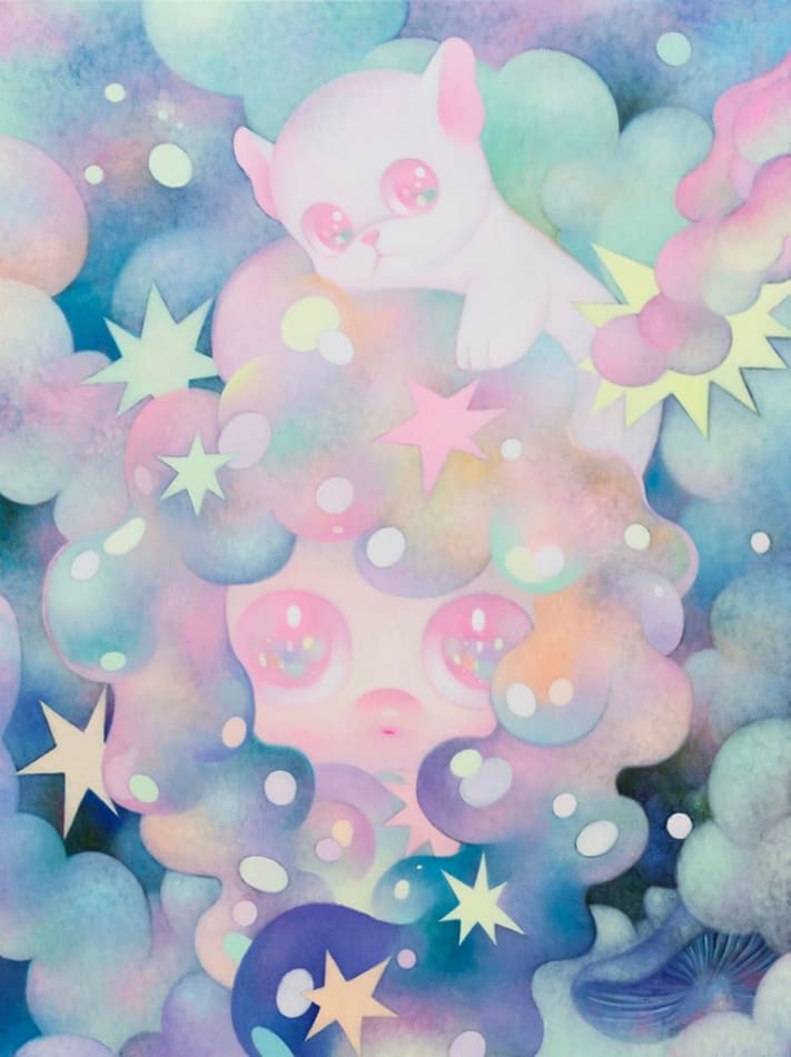 Painting by So Youn Lee of a girl in pastel colors with bubble shaped hair and a pink dog in her hair.