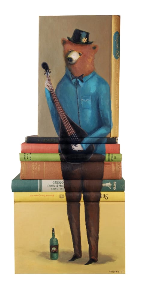 Mike Stilkey painting on books of bear in clothing