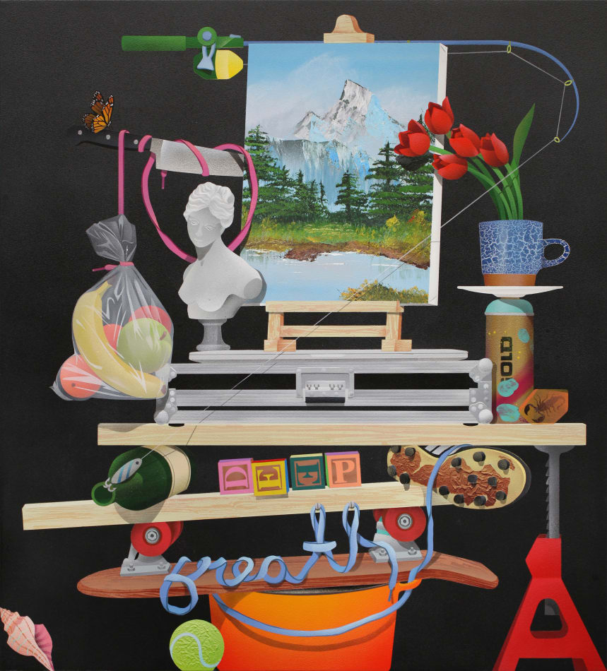 still life of many stacked objects