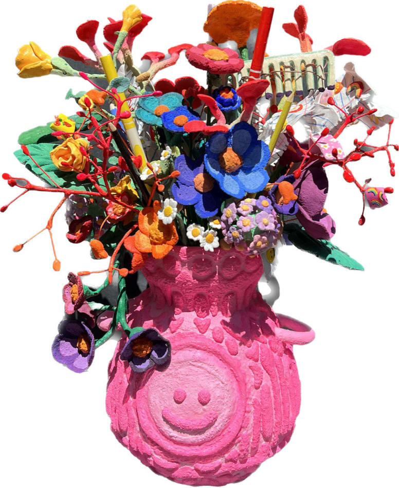 pink vase filled with flowers, markers and paper over a white background