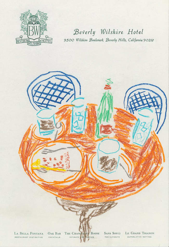 Drawing of a round brown table with two blue chairs and several glasses and a slice of pie on top of the table on hotel stationery
