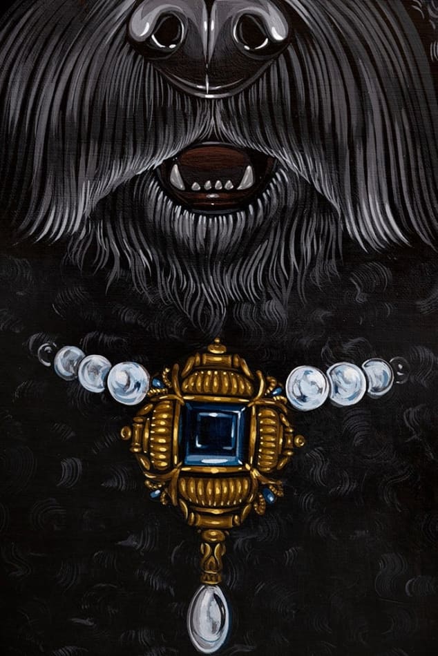 Detail photograph of the small dog's mouth and jeweled collar by Sabrina Bockler