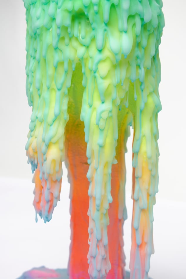 Dan Lam slime sculpture with gradient of green, red, and blue
