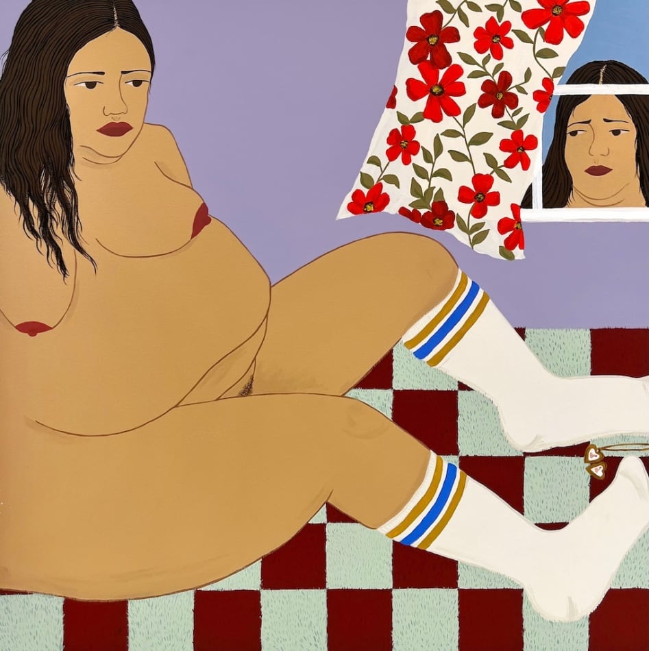 Painting by Gina M. Contreras depicting a large nude woman wearing long athletic socks, laying back as she looks at an open gold locket. Beside her, past the floral red and white curtain another woman peers in the window at her