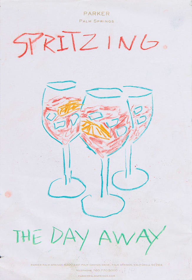 Drawing of three wine glasses filled with ice and campari with the words 