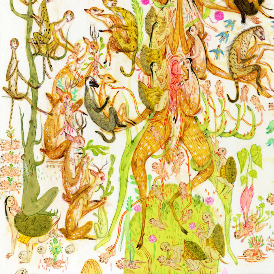 Detail shot of a painting by Mu Pan of creatures, animals and human hybrids eating, sleeping, killing, flying and climbing