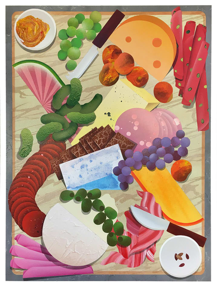 painting of cured meat and cheeses