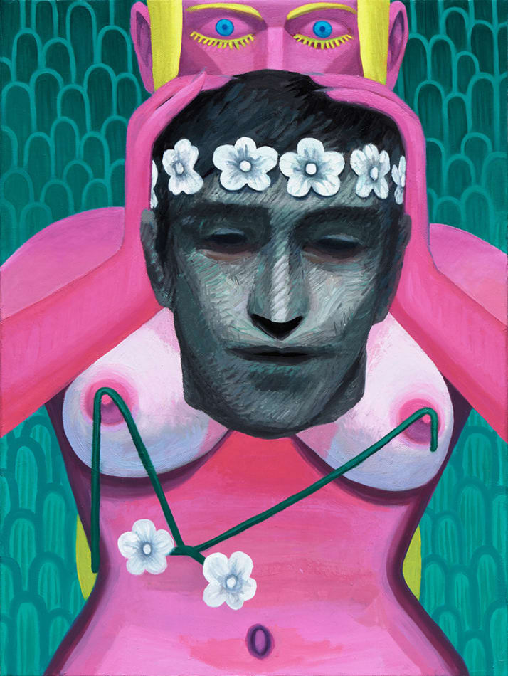 Corey K. Lamb - Painting of a women's upper body. She's holding head of a man wearing a white wreath. the woman's skin is pink, her hair is blonde, and her eyes are blue. two white flowers hang from her breast. the background is green with the pattern like fish scales
