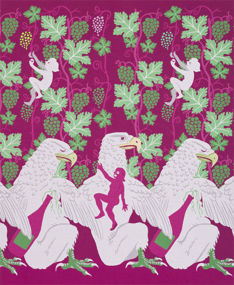 Oona Brangam-Snell hand-woven embroidery of eagles, grapes, and figures climbing
