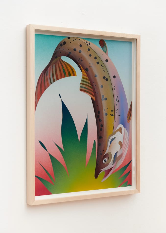 painting of a trout splashing into water by casey gray