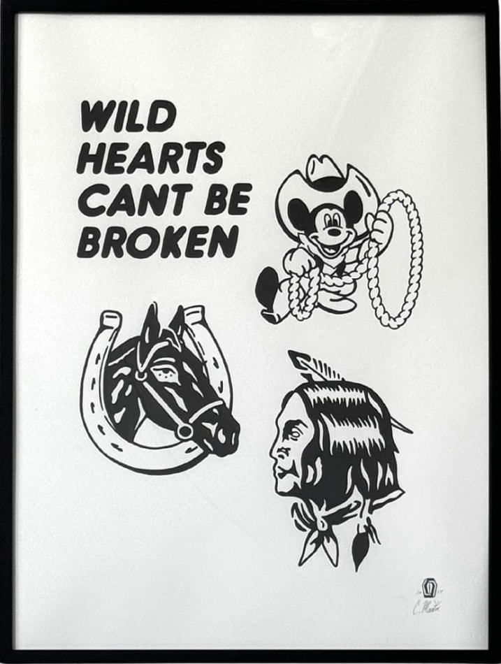 Painting of Mickey Mouse wearing a giant cowboy hat and holding a lasso, a horse head through a horse shoe,
