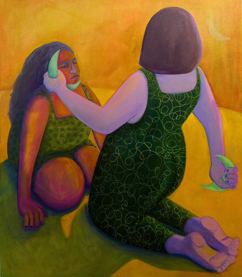 Genevieve Cohn painting of two women, one holding moon shaped crescents, yellow background and green overalls
