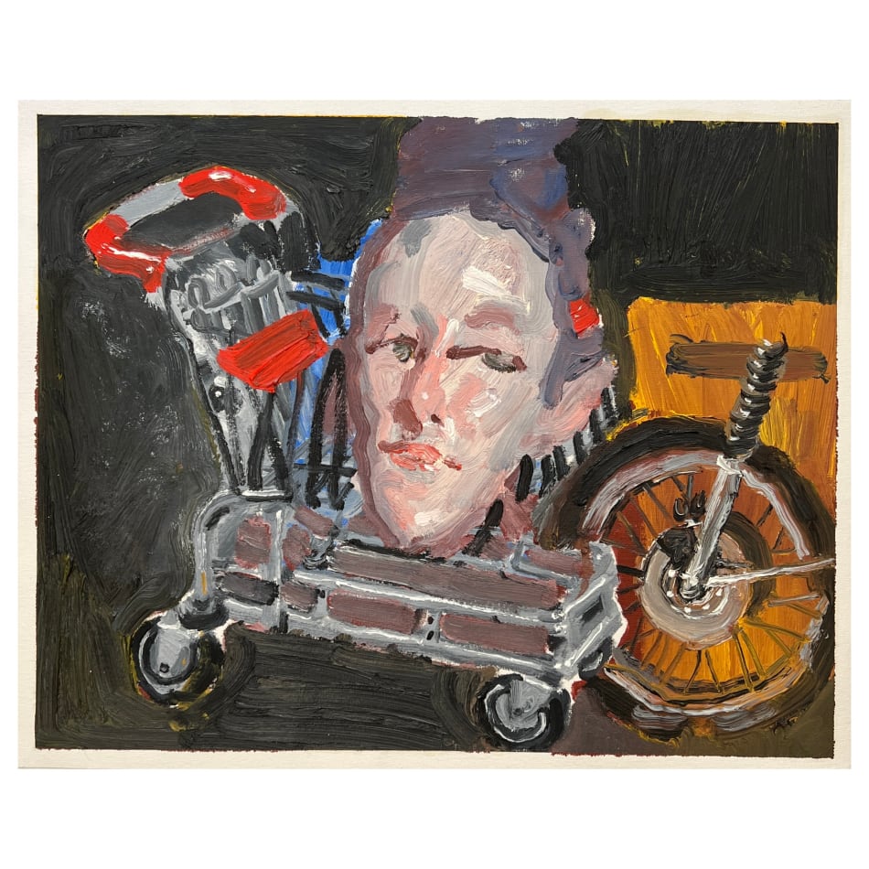 Collage painting of a shopping cart with red handle, a face overlapping it and a motorcycle wheel