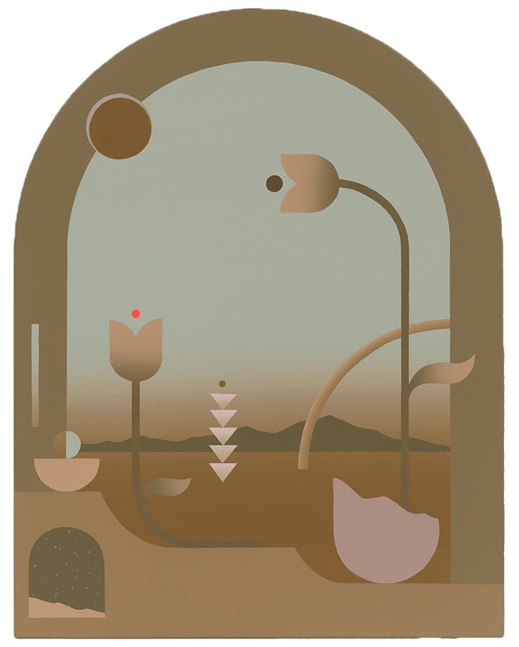 Madeleine Tonzi - Painting of brown and teal shades floating land, sun , and flowers layering on top of each other and passes in and out of the arc frame.