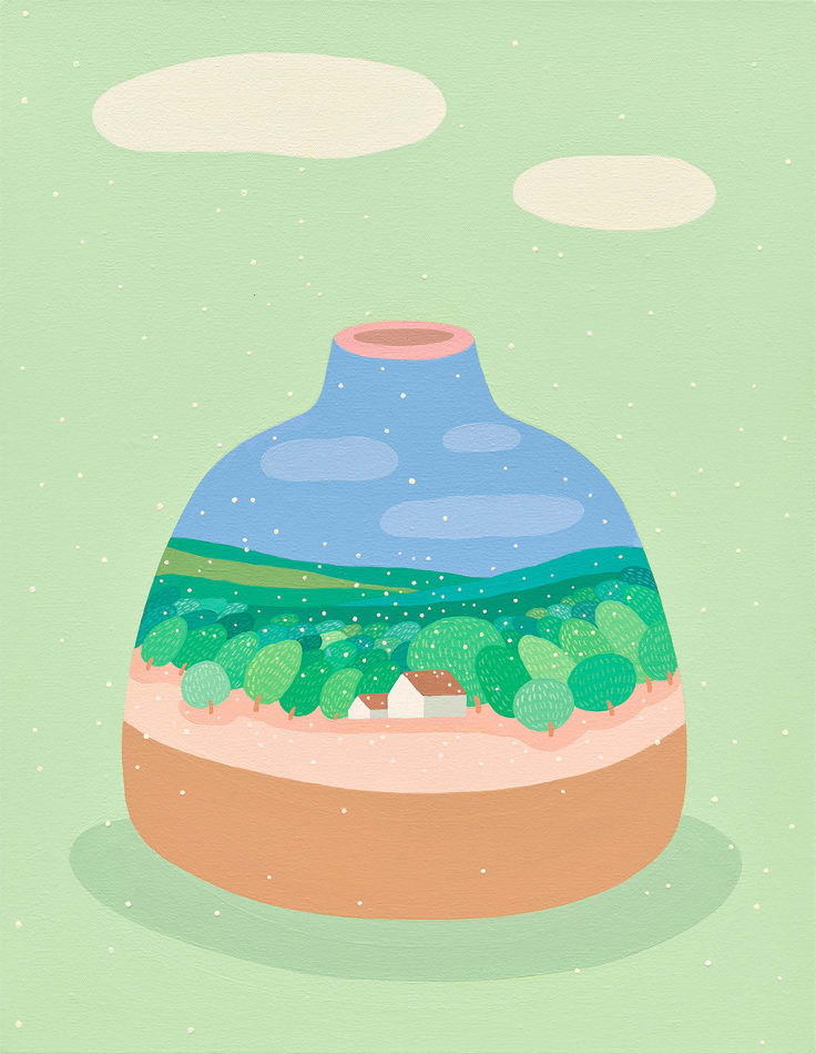 Danym Kwon- painting of a pink mouth empty vase that was painted with scenery of a white house with red roof in bewteen trees and mountains. The baclground is painted in pastel green and two beige yellow spots.
